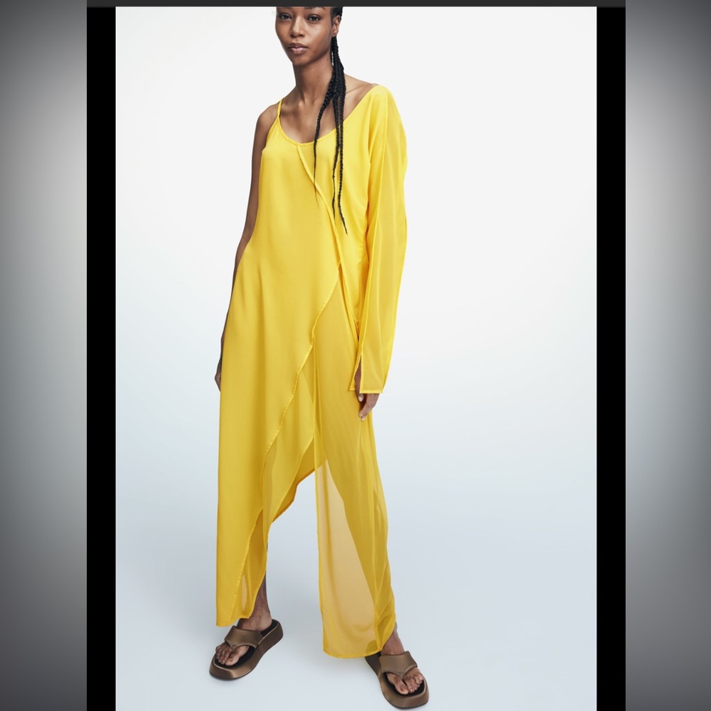 Zara asymmetric gauze flowy yellow dress - Picture 2 of 15